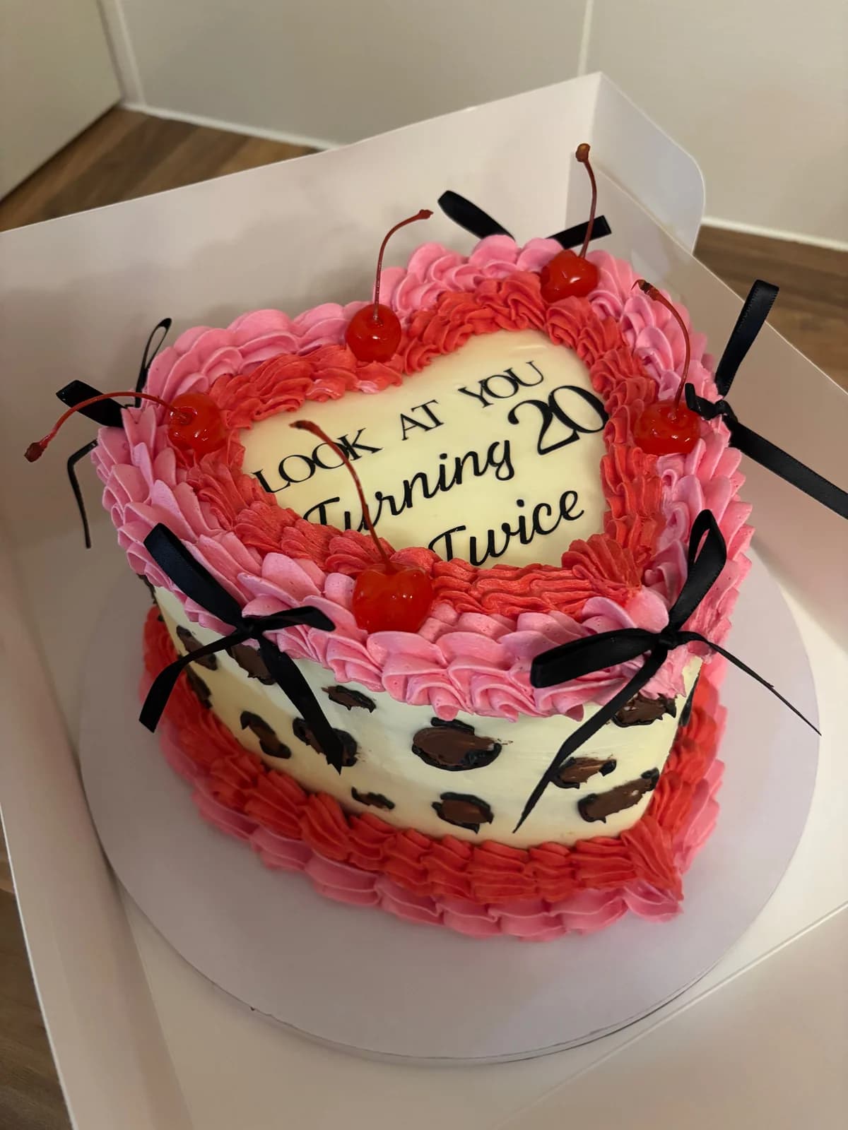Vintage birthday cake with pink and red piping, cherries, black bows and leopard print